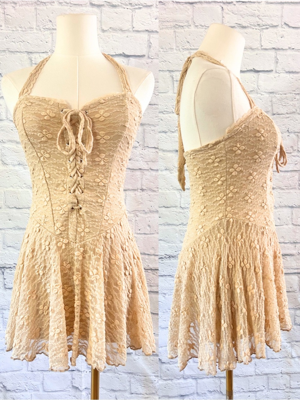 Bear Dance Lace Crochet Mini Dress Halter Cream Taupe Corset Ballet Fairy Whimsy